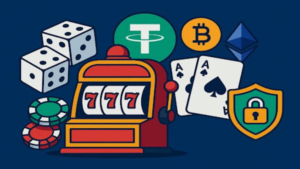 9+ Best USDT Casinos 2025 – Slot machine, Tether, Bitcoin, Ethereum, dice, cards, and security icons representing crypto gambling.